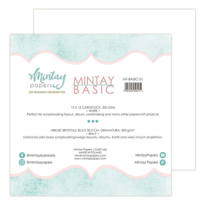 Mintay Basic - 12 x 12 Cardstock, 300 gsm - WHITE, 6 sheets